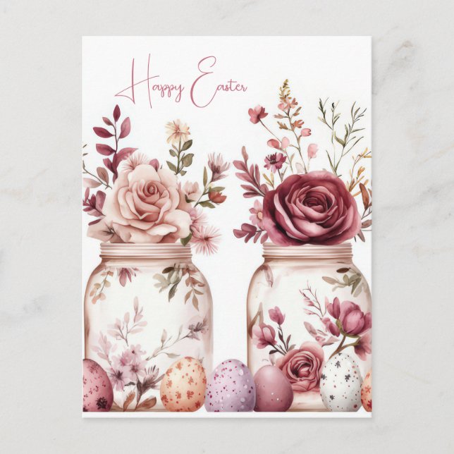 Postal Aquarell Oster Postkarte mit Ostereiern und Blumen (Anverso)