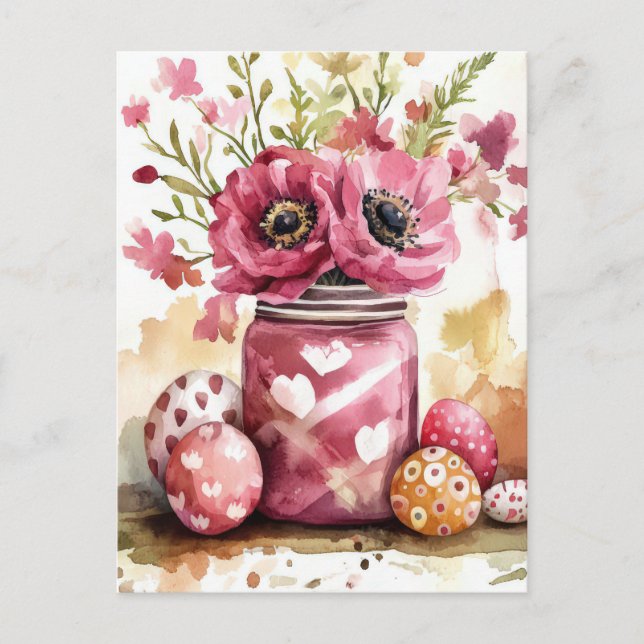 Postal Aquarell Oster Postkarte mit Ostereiern und Blumen (Anverso)