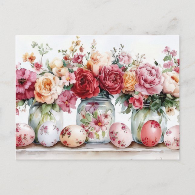 Postal Aquarell Oster Postkarte mit Ostereiern und Blumen (Anverso)