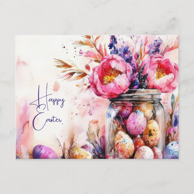 Postal Aquarell Oster Postkarte mit Ostereiern und Blumen (Anverso)