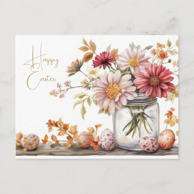 Postal Aquarell Oster Postkarte mit Ostereiern und Blumen (Anverso)