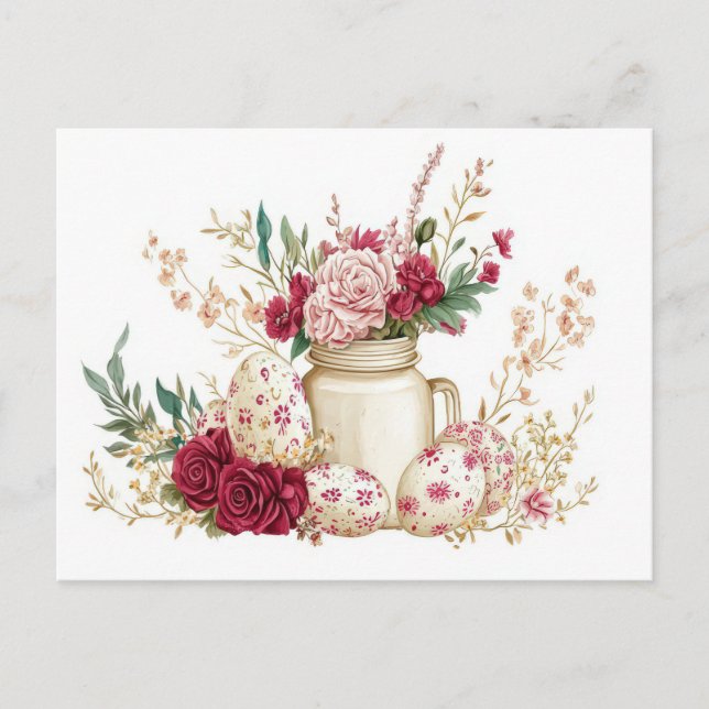 Postal Aquarell Oster Postkarte mit Ostereiern und Blumen (Anverso)