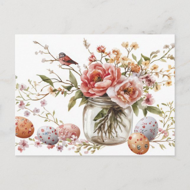 Postal Aquarell Oster Postkarte mit Ostereiern und Blumen (Anverso)