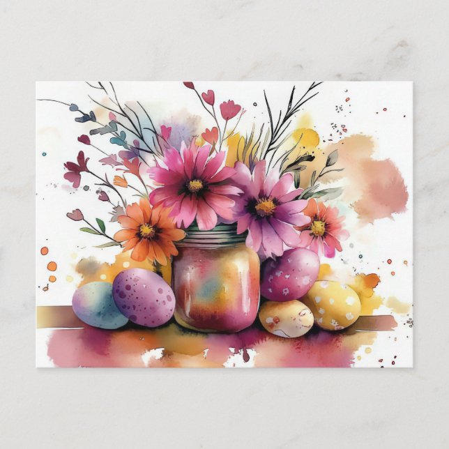 Postal Aquarell Oster Postkarte mit Ostereiern und Blumen (Anverso)