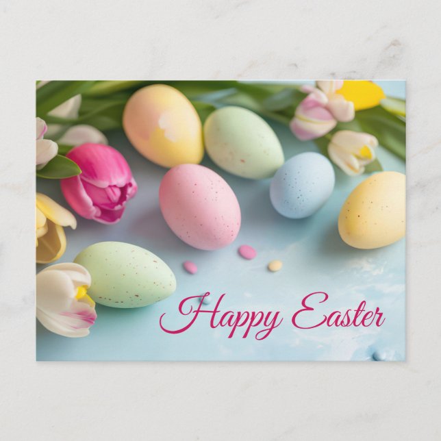 Postal Aquarell Oster Postkarte mit Ostereiern und Tulpen (Anverso)