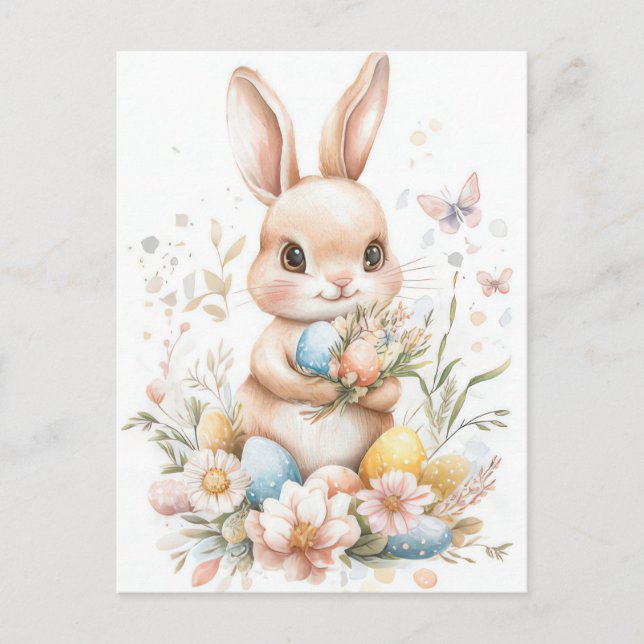 Postal Aquarell Oster Postkarte mit Osterhase und Blumen (Anverso)