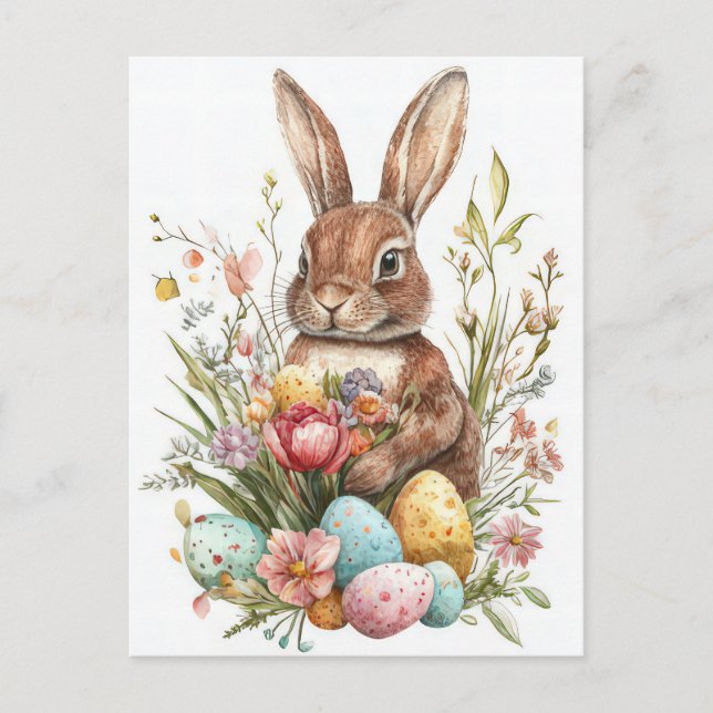 Postal Aquarell Oster Postkarte mit Osterhase und Blumen (Anverso)