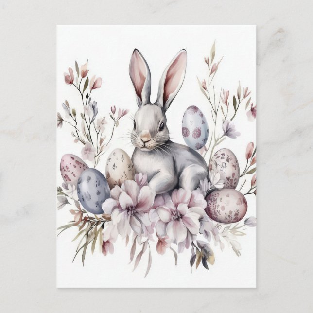 Postal Aquarell Oster Postkarte mit Osterhase und Blumen (Anverso)