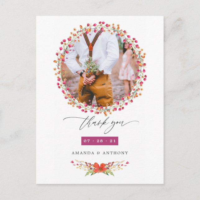 Postal Aquarelle Wildflower Boda Foto Gracias (Anverso)