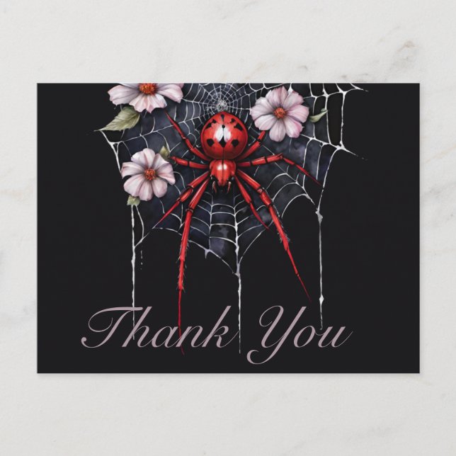 Postal Araña floral gótica roja y negra gracias (Anverso)