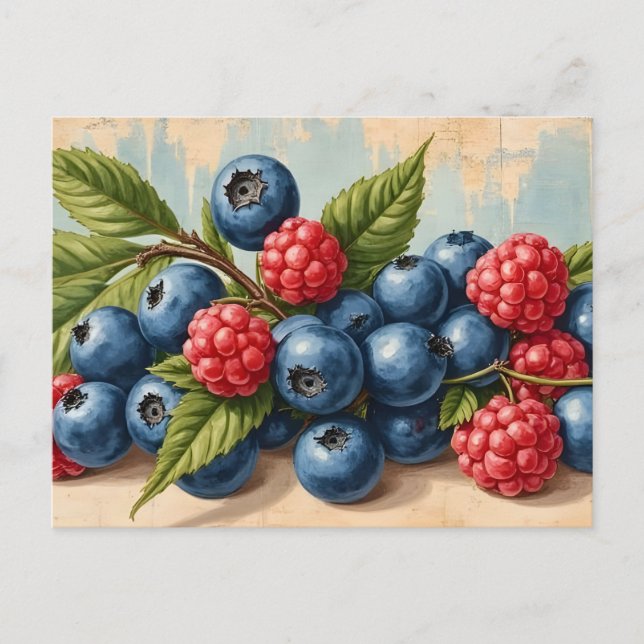 Postal Arándanos y frambuesas vintage  (Anverso)