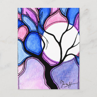 Postal Árbol acuarela y luna - azul y rosa