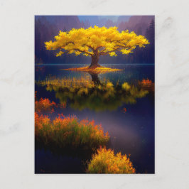 Postal Árbol amarillo en medio del lago