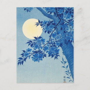 Postal Árbol azul iluminado por luna de miel: Noche japon