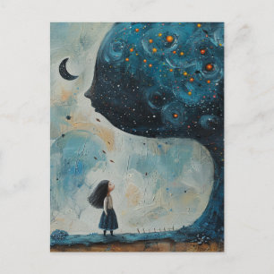 Postal Árbol azul surrealista y un niño asombroso