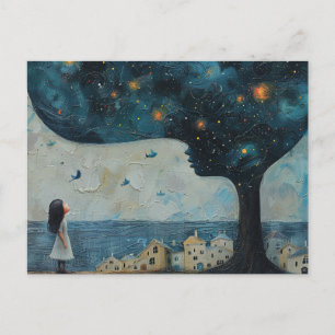 Postal Árbol azul y pequeñas casas infantiles asombradas 
