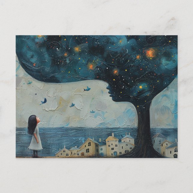 Postal Árbol azul y pequeñas casas infantiles asombradas  (Anverso)