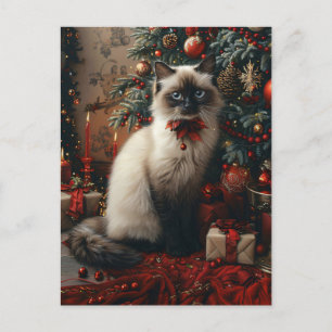 Postal Árbol balinés de Navidad de gato con campanas de j