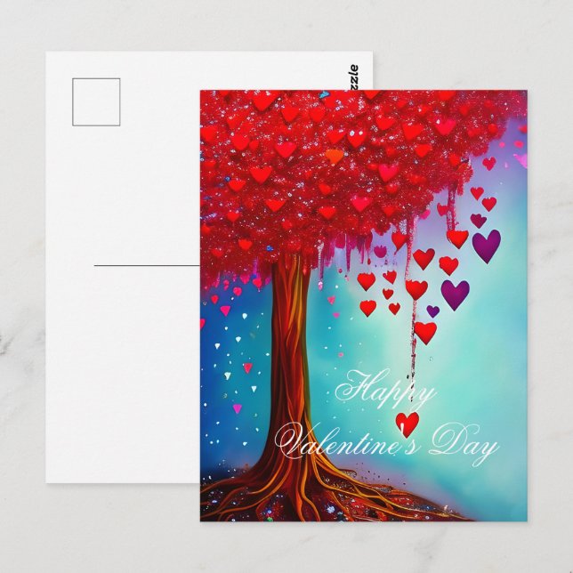 Postal Árbol brillante de corazones de San Valentín (Anverso / Reverso)
