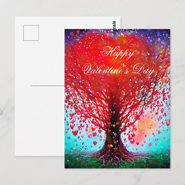 Postal Árbol con corazones cayendo San Valentín (Anverso / Reverso)