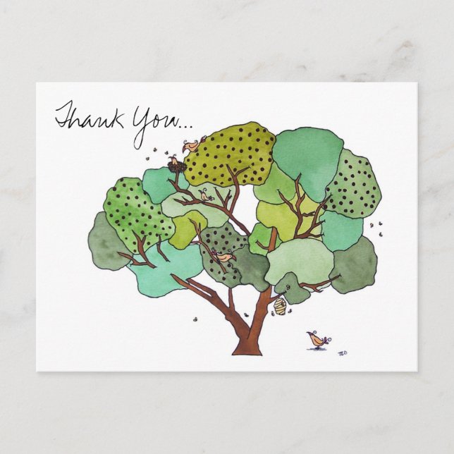 Postal Árbol con pájaros y abejas gracias (Anverso)