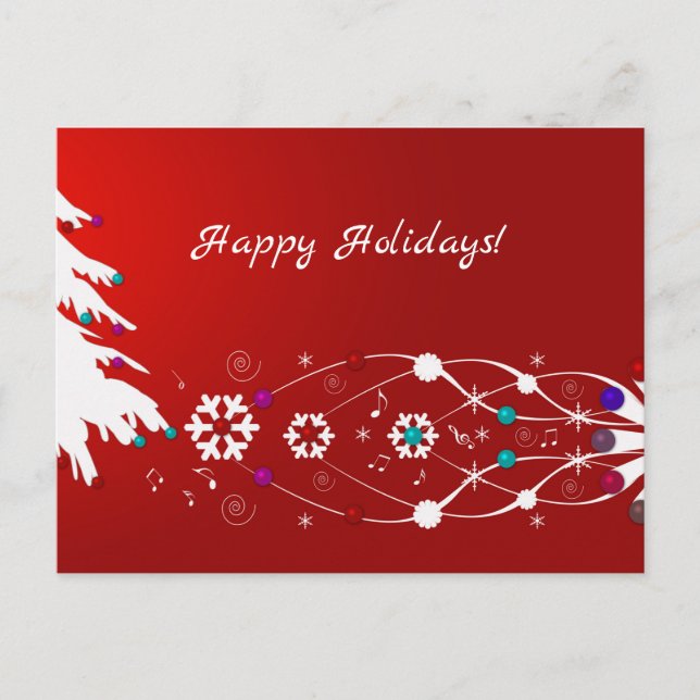 Postal Árbol, copos de nieve y Swirls Red Happy Holidays  (Anverso)