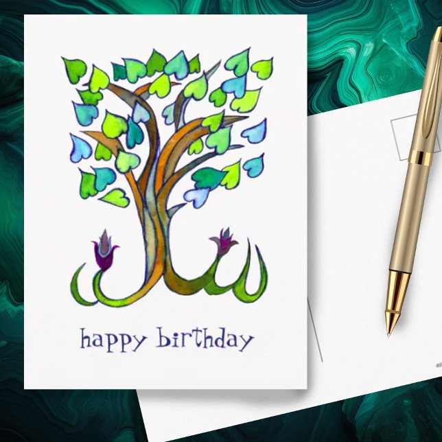 Postal Árbol Corazón Dulce Cumpleaños Personalizado (Pretty heart shaped leaves on this watercolor tree makes a cute custom birthday postcard)