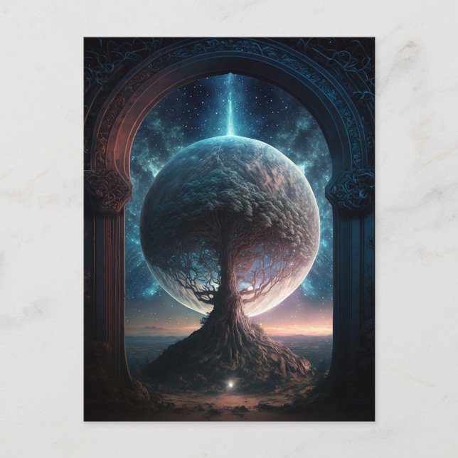 Postal Árbol cósmico Universo Surreal Fantasía Arte (Anverso)