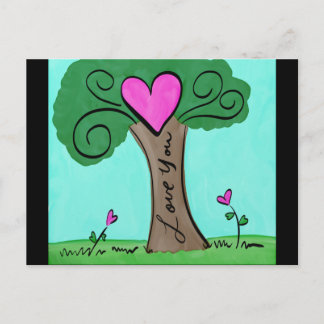 Postal Árbol de amor acuarela con corazón y flores