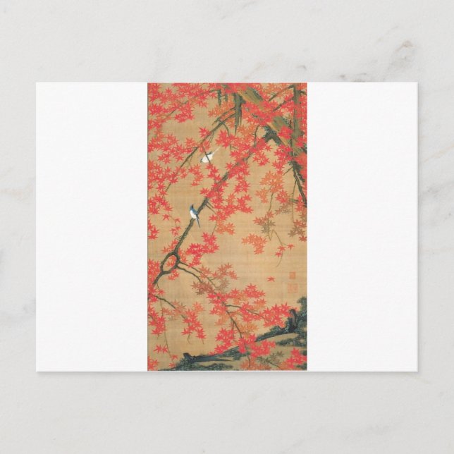 Postal Árbol de arce y aves pequeñas por Ito Jakuchu (Anverso)