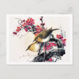 Postal Árbol de cerezo rojo de bonito pájaro marrón de Gu