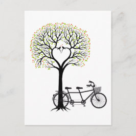 Postal Árbol de corazón con aves y bicicleta tándem