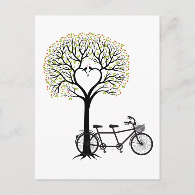 Postal Árbol de corazón con aves y bicicleta tándem (Anverso)