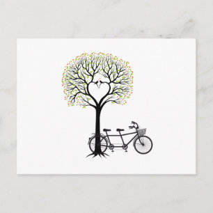 Postal Árbol de corazón con aves y bicicleta tándem