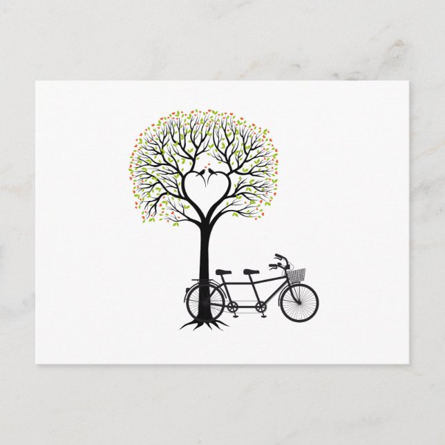 Postal Árbol de corazón con aves y bicicleta tándem (Anverso)