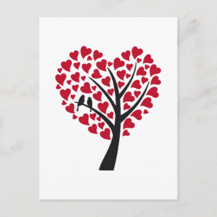 Postal Árbol de corazón rojo con aves amorosas