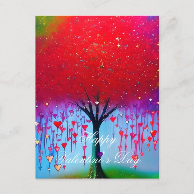 Postal árbol de corazones goteantes San Valentín (Anverso)