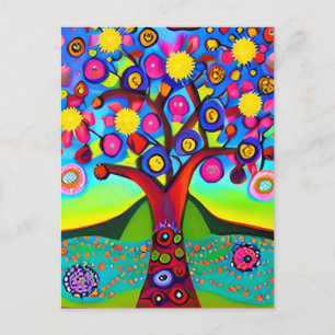 Postal Árbol de estilo de arte folclórico colorido   Pens