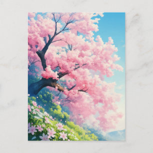 Postal Árbol de flor de cerezo en ladera verde soleada