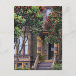 Postal Árbol de goma rojo florido enmarca el estilo victo