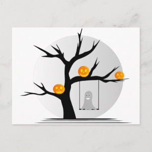 Postal Árbol de Halloween con calabazas y un fantasma gir