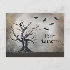 Postal Árbol de Halloween con raven y murciélagos