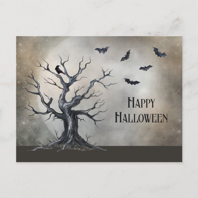 Postal Árbol de Halloween con raven y murciélagos (Anverso)
