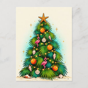 Postal Árbol de hoja de palma con flamencos, naranjas y c
