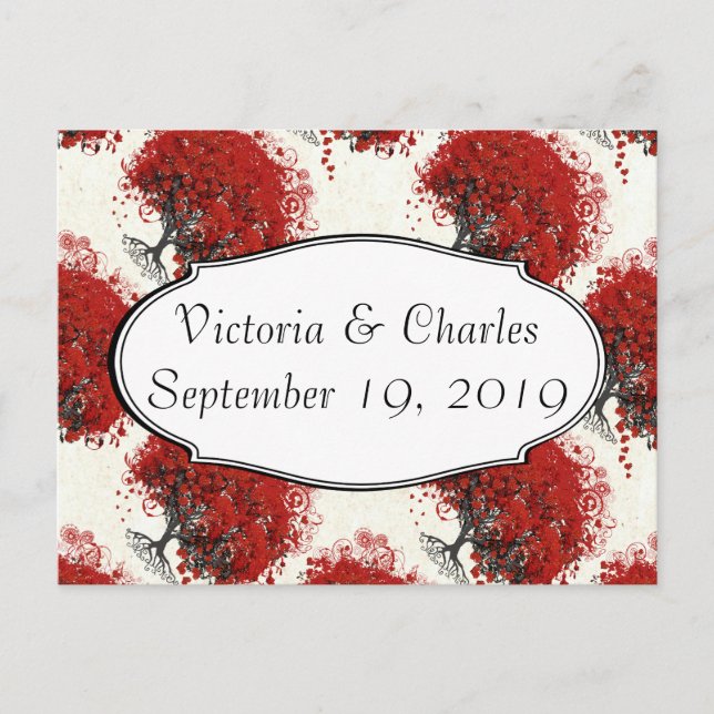 Postal Árbol de hojas del corazón rojo (Anverso)