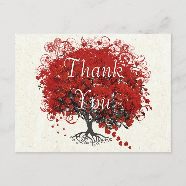 Postal Árbol de hojas del corazón rojo gracias (Anverso)
