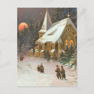 Postal Árbol de ir a la iglesia Luna Nieve Estrellas