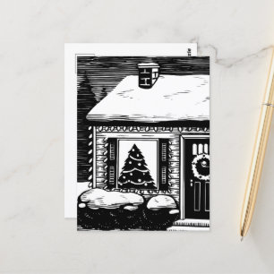 Postal Árbol de la casa de los navidades en ventana blanc
