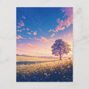 Postal Árbol de la puesta de sol dorada y cielo estrellad