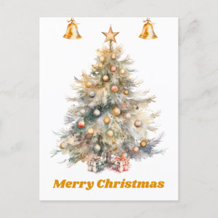 Postal Árbol de navidad acuarela con campanas de jingle,